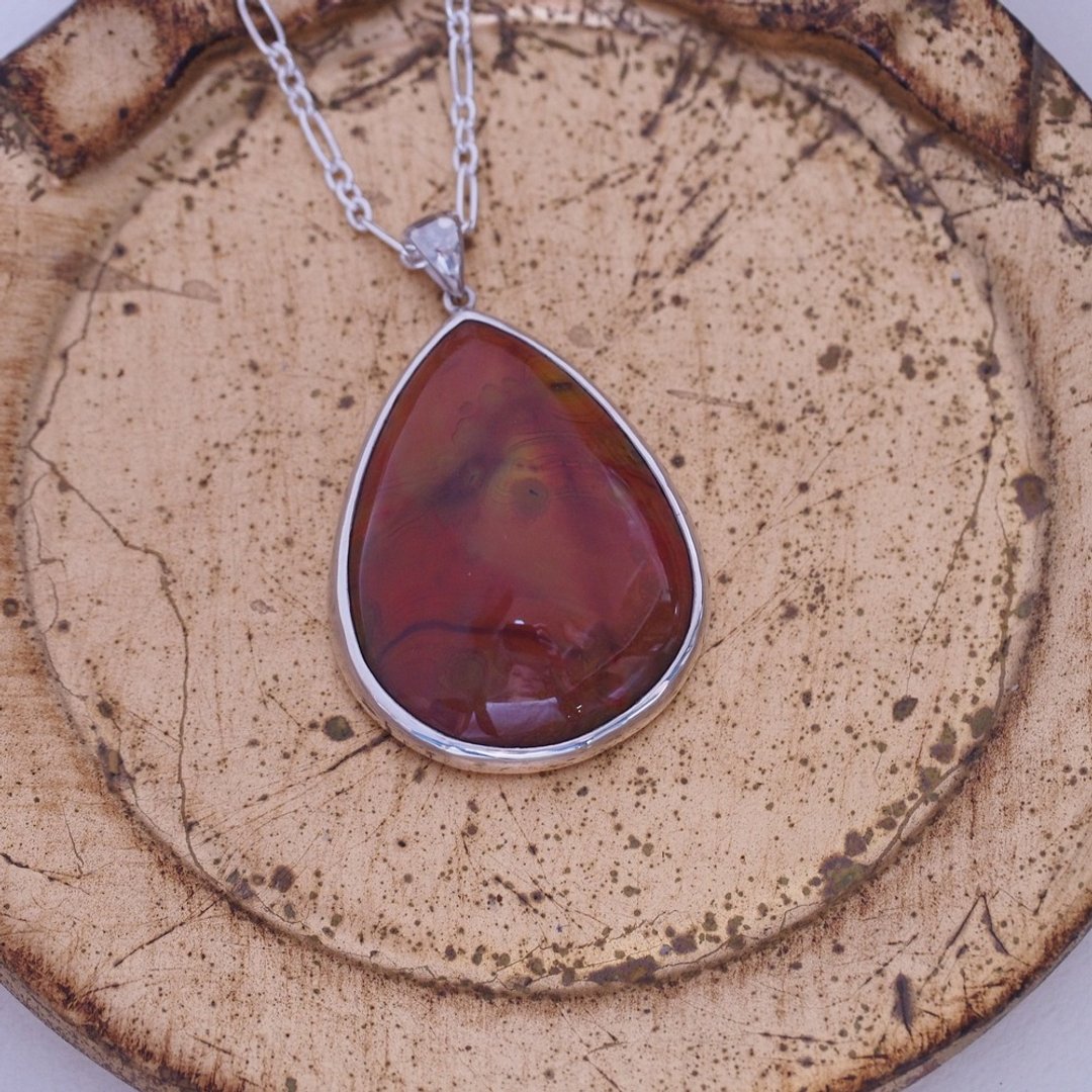 天然战国红玛瑙 大颗 手工纯银项链 Natural Red Agate 附银链 - 项链 - 半宝石 红色