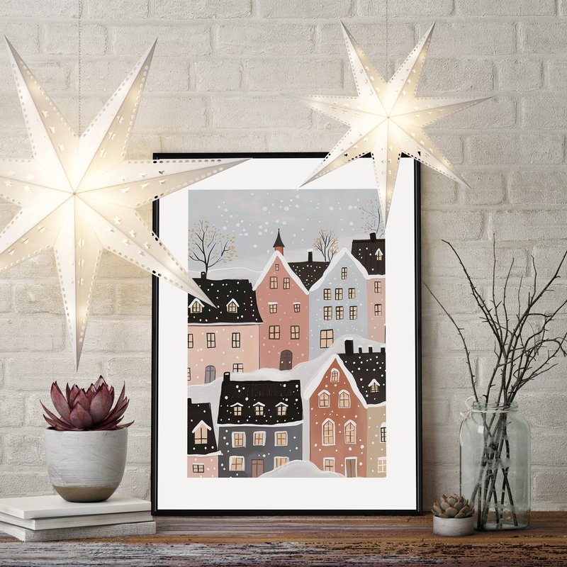 白雪覆顶的圣诞夜-圣诞插画/圣诞树装饰挂画/圣诞小物/交换礼物 - 海报/装饰画/版画 - 棉．麻 白色