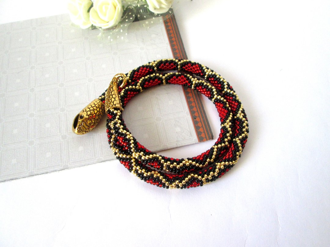 Black red snake necklace bracelet Ouroboros jewelry Serpent rope Beaded necklace - 手链/手环 - 其他材质 红色