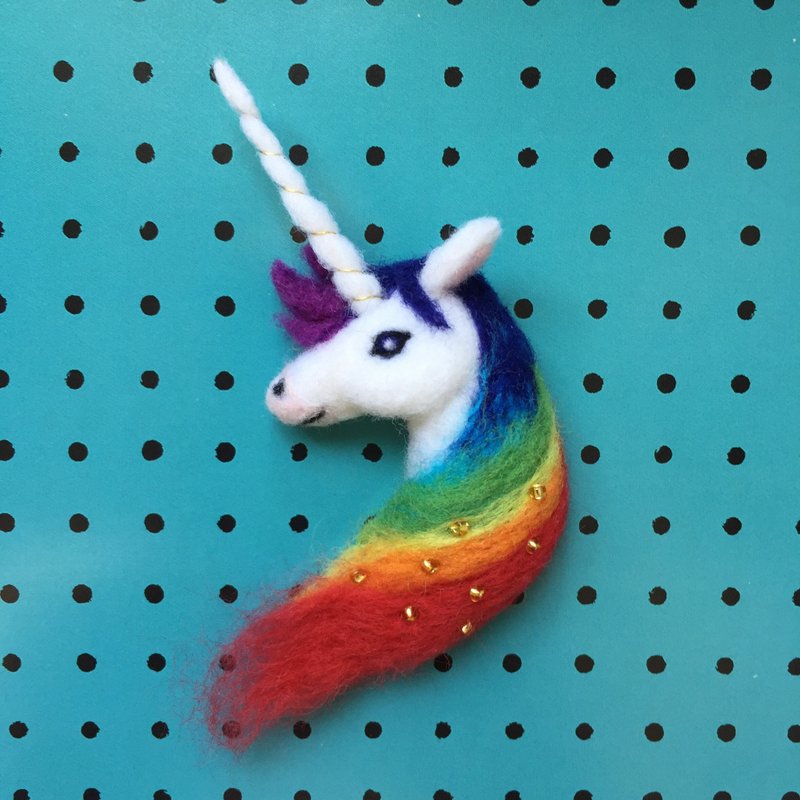 彩虹独角兽－ 手作羊毛毡别针 - 胸针 - 羊毛 多色