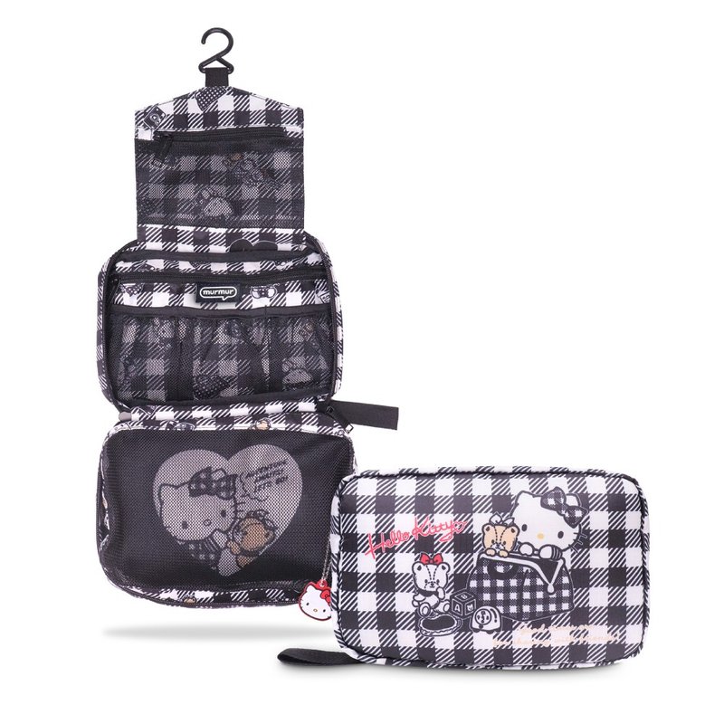 murmur 网状三折盥洗包 | hello kitty (黑白格) | 附吊饰 - 化妆包/杂物包 - 聚酯纤维 黑色
