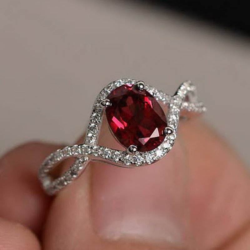 9 x 7 毫米红宝石银戒指 婚戒或礼物戒指 - 戒指 - 纯银 红色