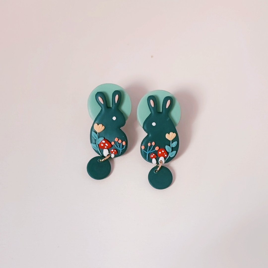 bi bunny //兔子森林磨菇手工软陶耳环 - 耳环/耳夹 - 粘土 蓝色
