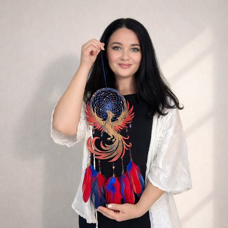 火焰凤凰捕梦网 – 橘色与海军蓝的波西米亚风点缀 - 墙贴/壁贴 - 木头 蓝色