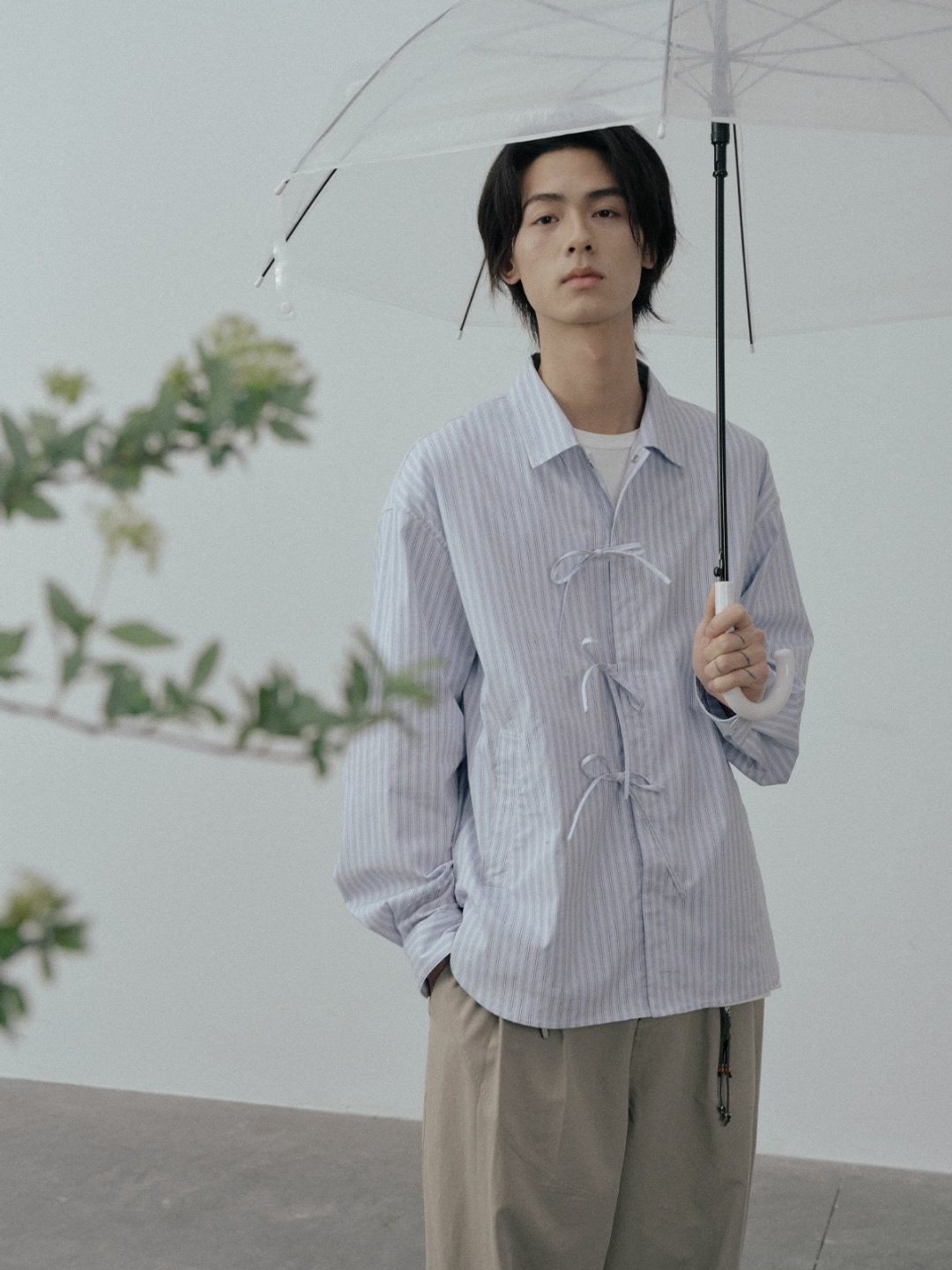 高原山涧 新中式系带条纹长袖衬衫 - 男装衬衫 - 其他材质 蓝色