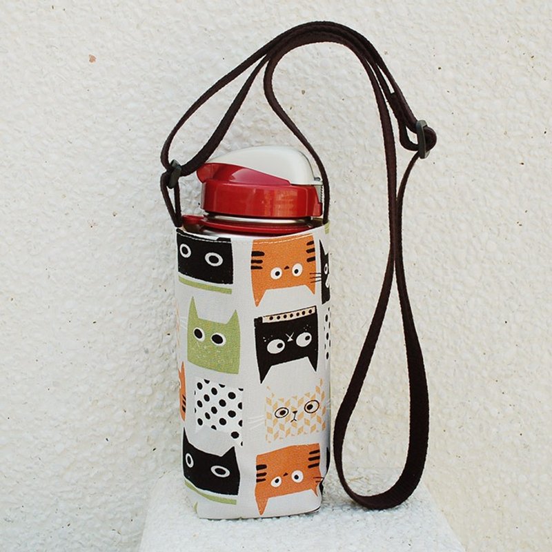 猫咪吃鱼斜背可调式水壶袋 - 随行杯提袋/水壶袋 - 棉．麻 绿色