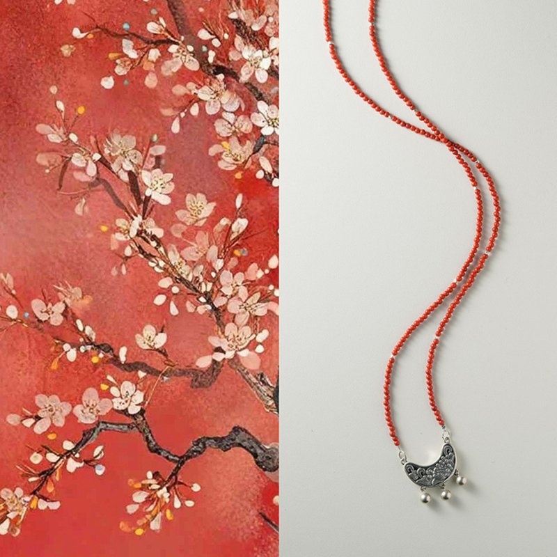 原创手工限定平安顺遂天然南红项链亲子款新年中式平安锁纯银 - 项链 - 玉石 红色