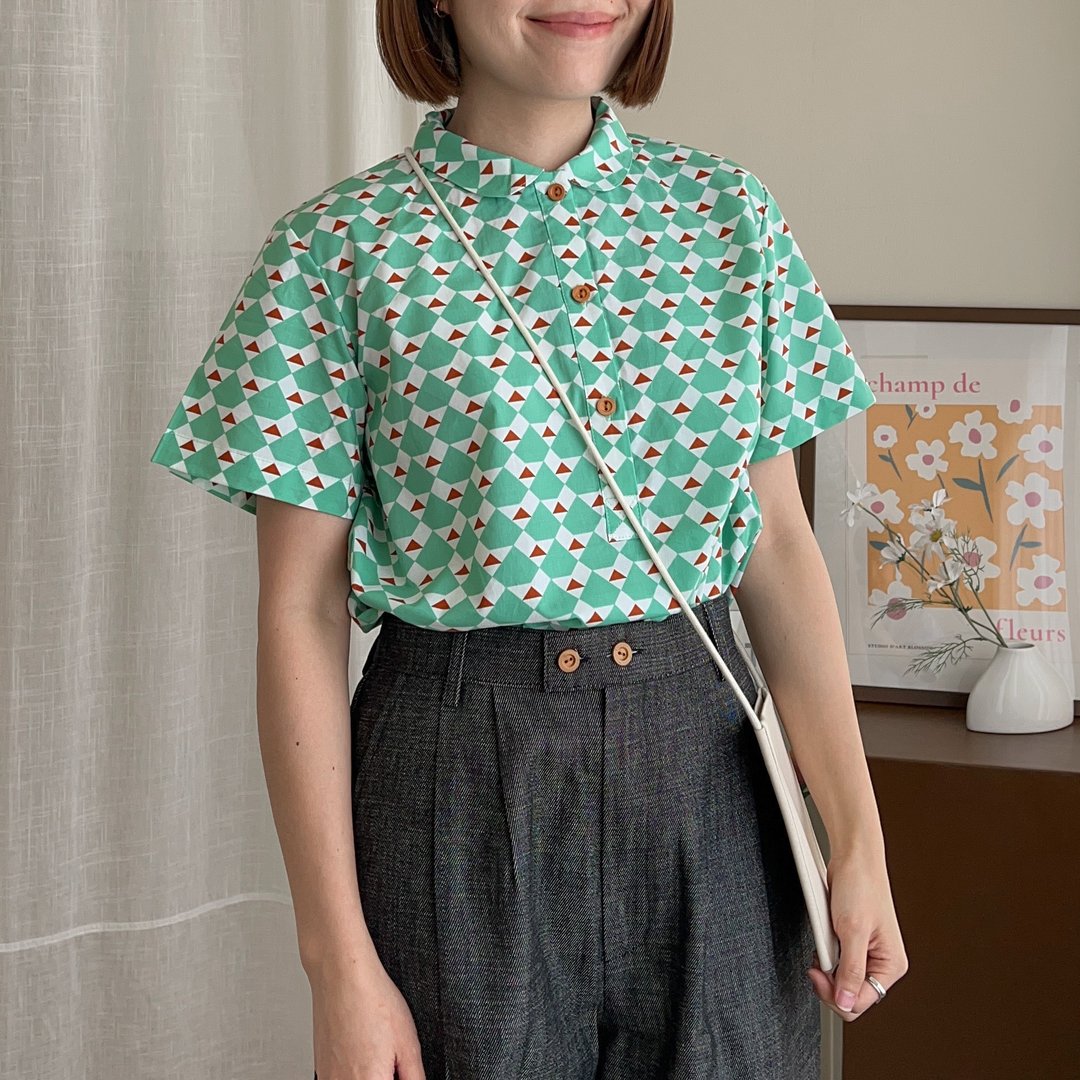 Mint Pattern Lulu 款棉质圆领衬衫 - 女装衬衫 - 棉．麻 绿色