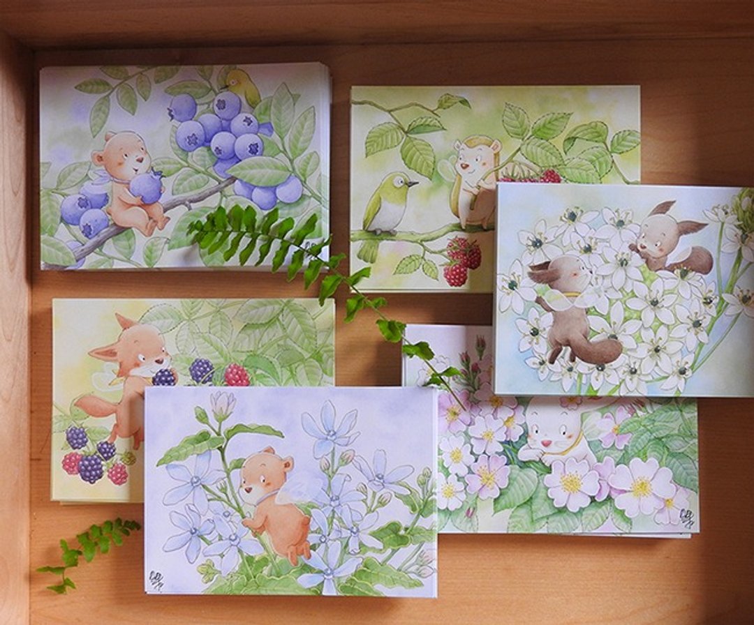 贝果水彩插画明信片－莓果精灵&花精灵 - 卡片/明信片 - 纸 绿色