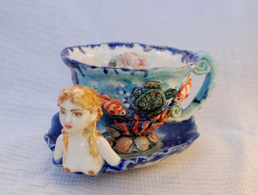Tea cup and saucer set Porcelain art ,Marine theme Tea set with decor - 茶具/茶杯 - 瓷 多色