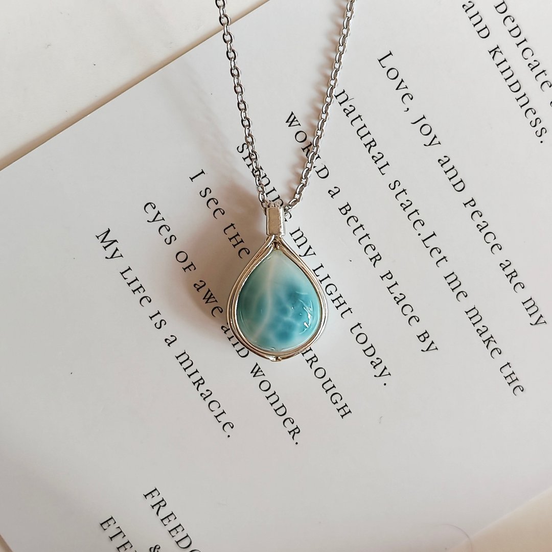 大顆海紋石吊墜 純銀水滴海紋石項鍊 拉利瑪吊坠 Larimar - 吊饰 - 半宝石 