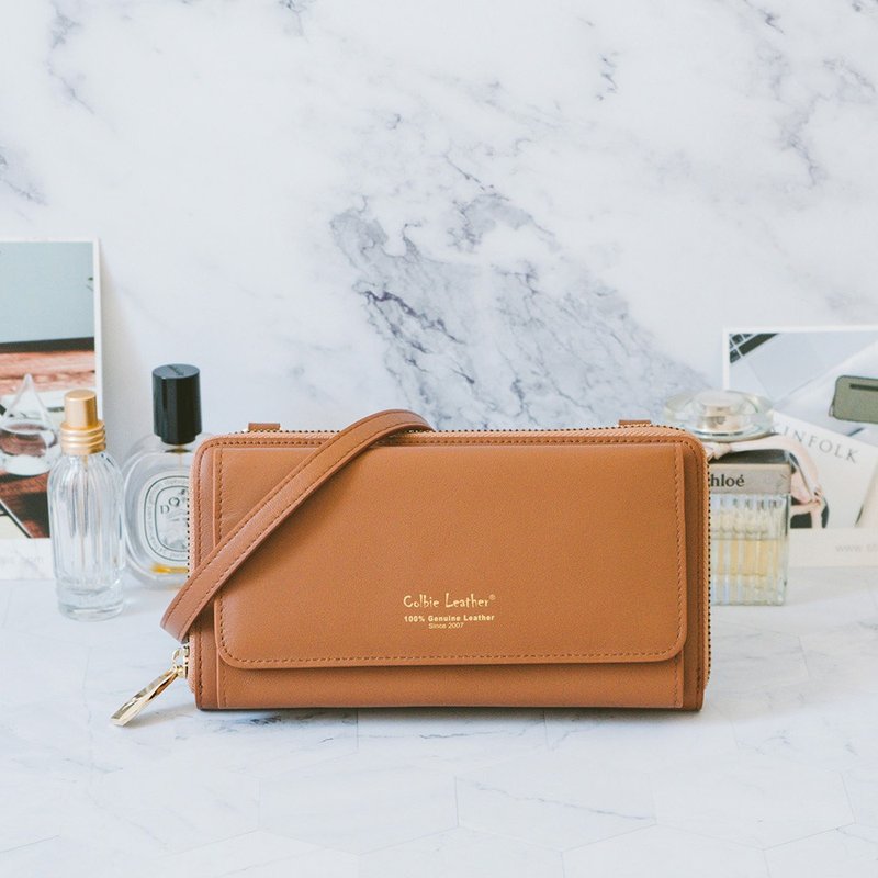 典雅真皮斜背长夹小包 22294 棕N - 侧背包/斜挎包 - 真皮 橘色