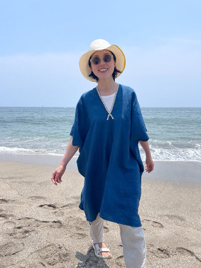 随风摇曳的优雅法国亚麻蓝染连帽洋装 French Linen Dress JAPANBLUE 蓝染 - 晚装/礼服 - 棉．麻 蓝色
