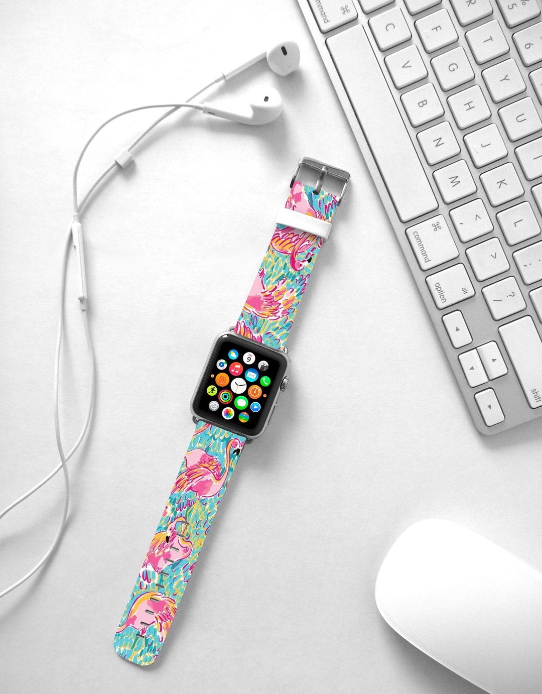 火烈鸟水彩画 Apple Watch band 真皮手表带 38 40 42 44 mm -005 - 表带 - 真皮 粉红色