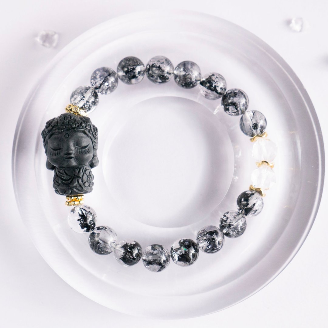 小精品-黑武士闪灵x白水晶x阿拉善- 净化 稳心 招好运 纯银手环 - 手链/手环 - 水晶 黑色
