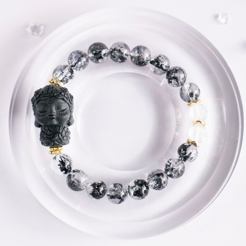 小精品-黑武士闪灵x白水晶x阿拉善- 净化 稳心 招好运 纯银手环 - 手链/手环 - 水晶 黑色