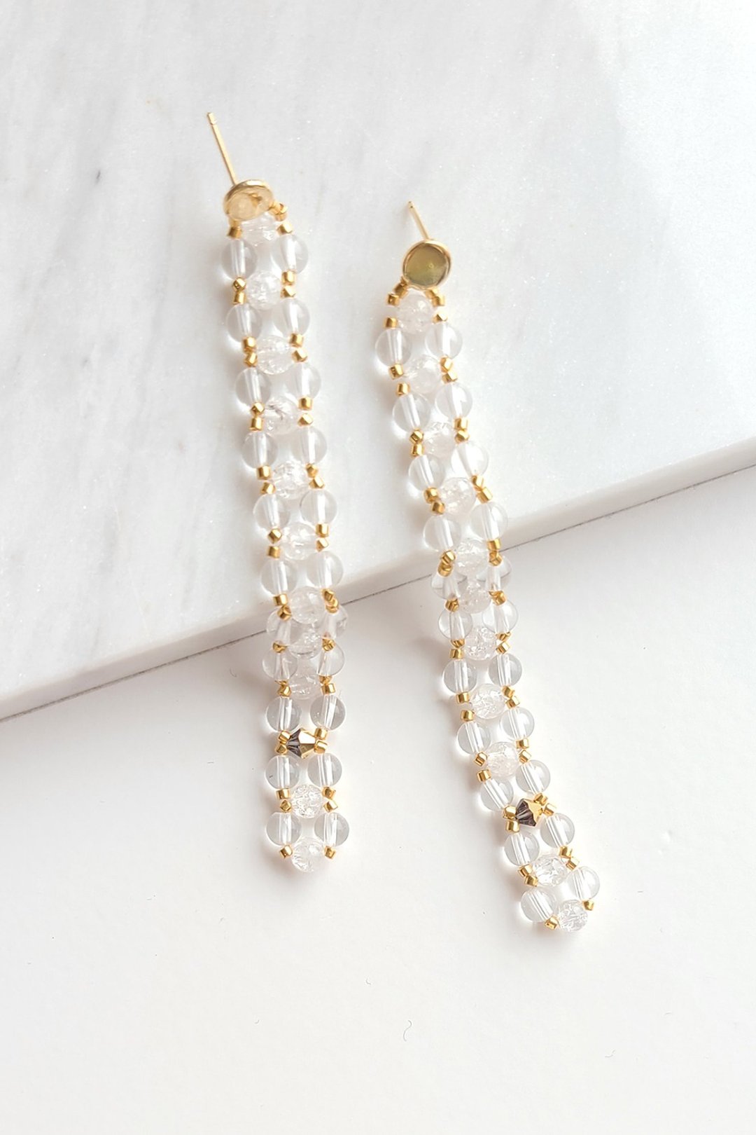 串珠长耳环 Beaded Long Drop Earrings - 耳环/耳夹 - 其他材质 透明