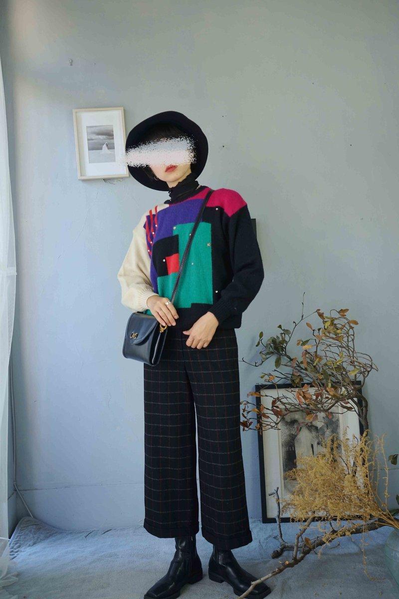 寻宝古着-个性黑几何比例色块兔毛感针织毛衣 - 女装针织衫/毛衣 - 羊毛 黑色