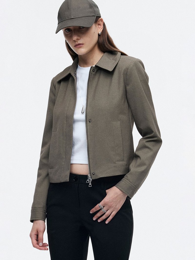 卡其綠 羊毛混紡帶墊肩外套 正肩修身短款休閒翻領雙拉鏈夾克 - 女装休闲/机能外套 - 其他人造纤维 绿色