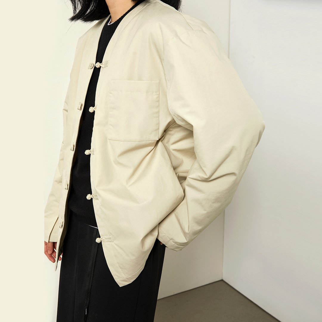 米杏色盘扣夹棉外套中国风高密全棉防水 杲果GAOGUO原创设计师 - 女装西装外套/风衣 - 棉 白色