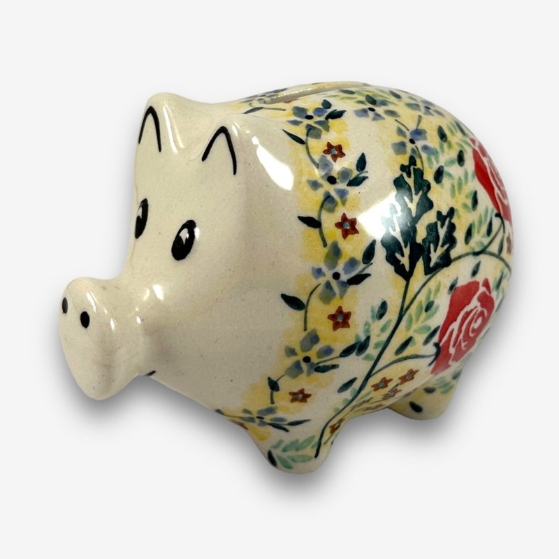 波兰手绘手工陶-小猪存钱筒 12cm 蔷薇花束系列 设计师款 - 储蓄罐 - 陶 黄色