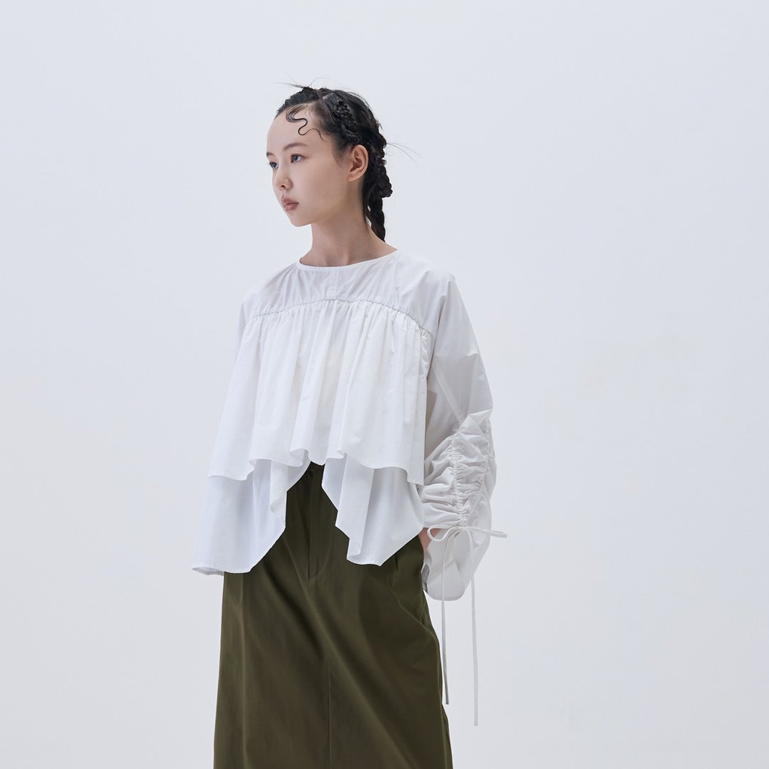 层次大宽袖抽绳上衣 - 女装上衣 - 棉 白色