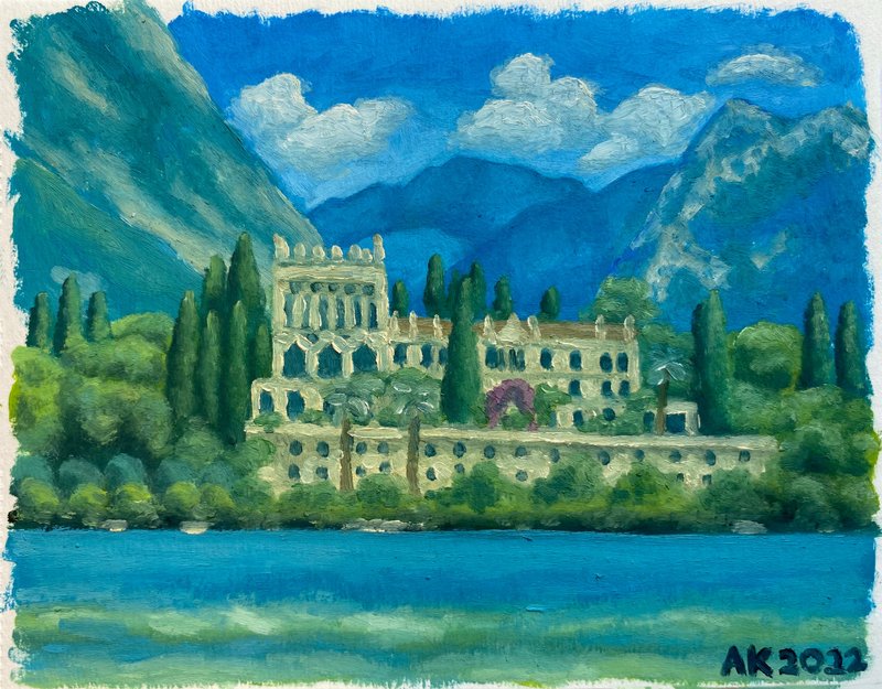 Isola Del Garda油画，意大利风景，建筑，湖泊插画， - 墙贴/壁贴 - 其他材质 蓝色