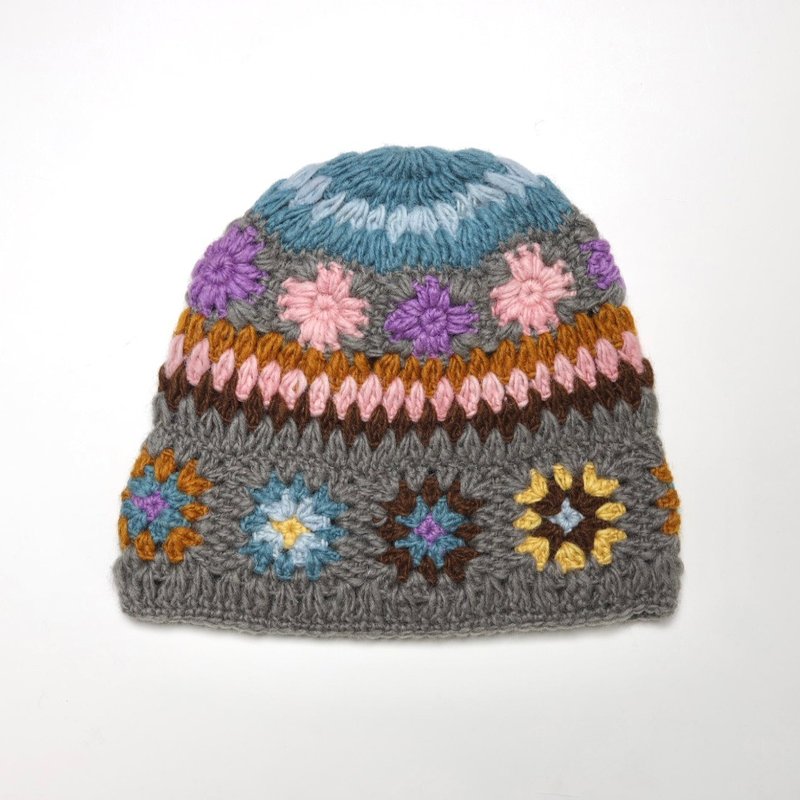 童/成人灰彩色勾花瓜皮帽纯羊毛线手工编织毛帽子/四季款交换礼物 - 帽子 - 羊毛 灰色