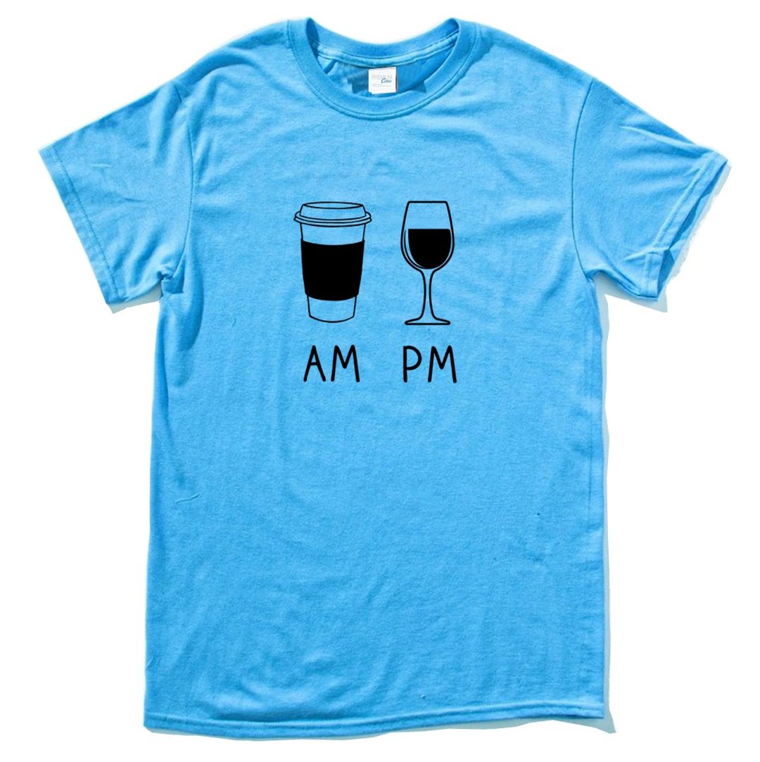 COFFEE AM WINE PM 短袖T恤 蓝色 咖啡 酒 礼物 设计 插画 - 男装上衣/T 恤 - 棉．麻 蓝色