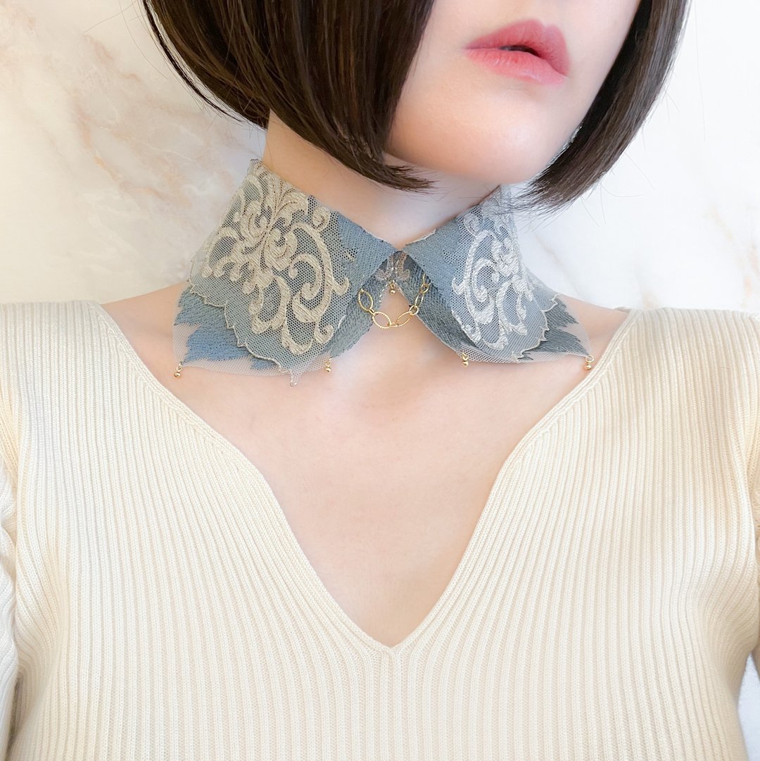 静谧的夜晚献给蓝/宽蕾丝领choker SV529 - 颈链 - 其他材质 多色