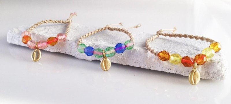 Brass coffee bean charm ☆ French glass ☆ Macrame bracelet 3colors - 手链/手环 - 其他金属 橘色