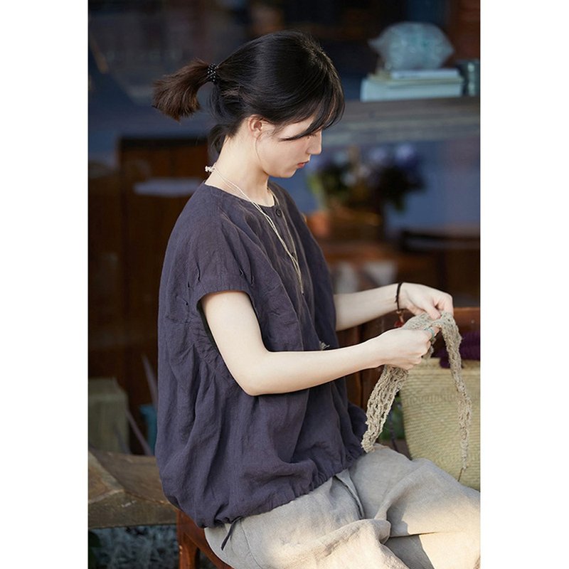紫灰色亚麻布小圆领开门襟短袖衬衫 2026春夏 - 女装衬衫 - 棉．麻 