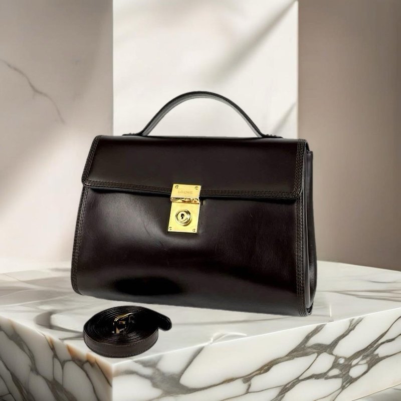 稀有中古二手Loewe咖啡色凯莉包复古包皮革侧背包斜孭单肩包小包 - 侧背包/斜挎包 - 真皮 咖啡色