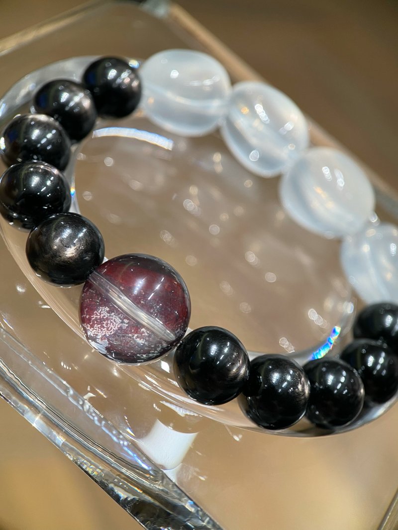 顶级天然金运石+牛血红胶花水晶+奶白晶 手串 招财防小人休息之石 - 手链/手环 - 水晶 