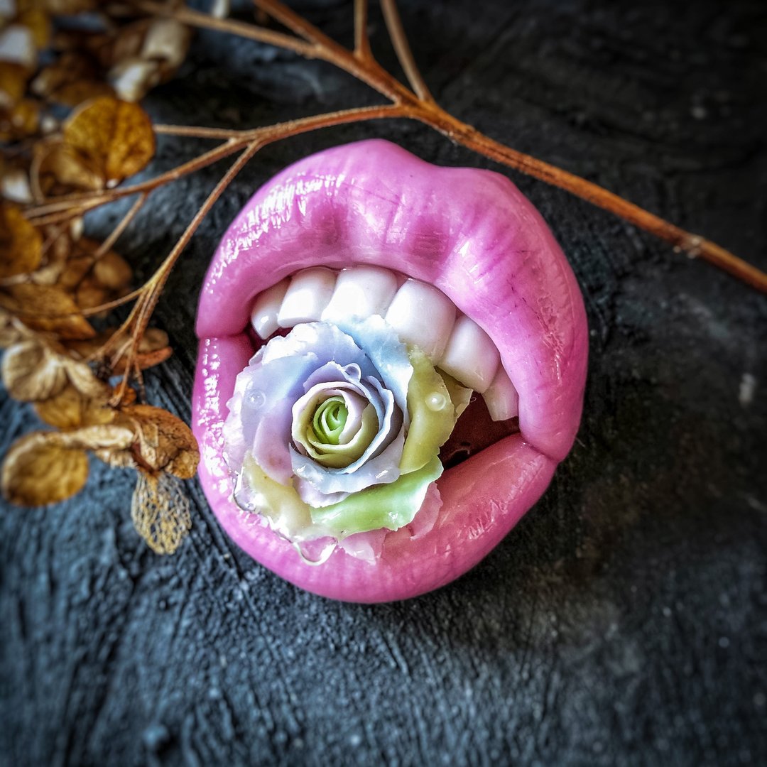 粉红色的嘴唇与彩虹玫瑰胸针 - 胸针 - 其他材质 粉红色