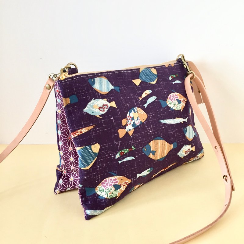 斜背包 可扩充 三层 单拉链 真皮 可调式 皮带 拼布 - 侧背包/斜挎包 - 棉．麻 紫色