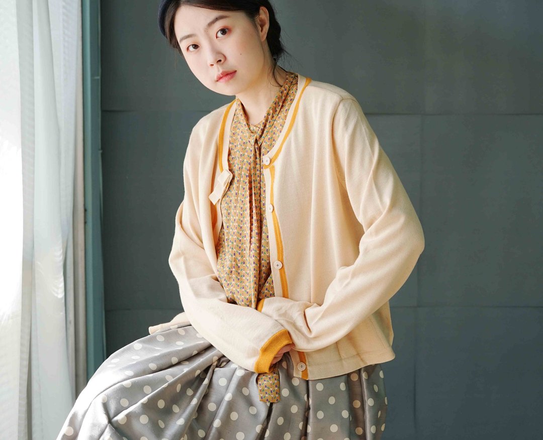 寻宝古着-浅黄色橘边圆领开襟针织外套 - 女装针织衫/毛衣 - 聚酯纤维 黄色