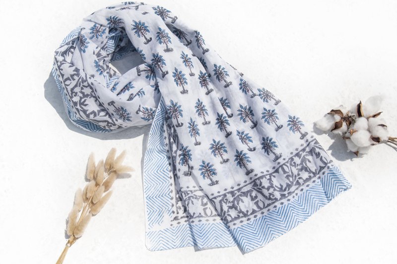 手织围巾 编织围巾 超大纯绵丝巾 手工木刻印植物染围巾 草木染棉丝巾 圣诞节礼物 交换礼物 母亲节 父亲节-椰子树与花朵 - 围巾/披肩 - 棉．麻 多色