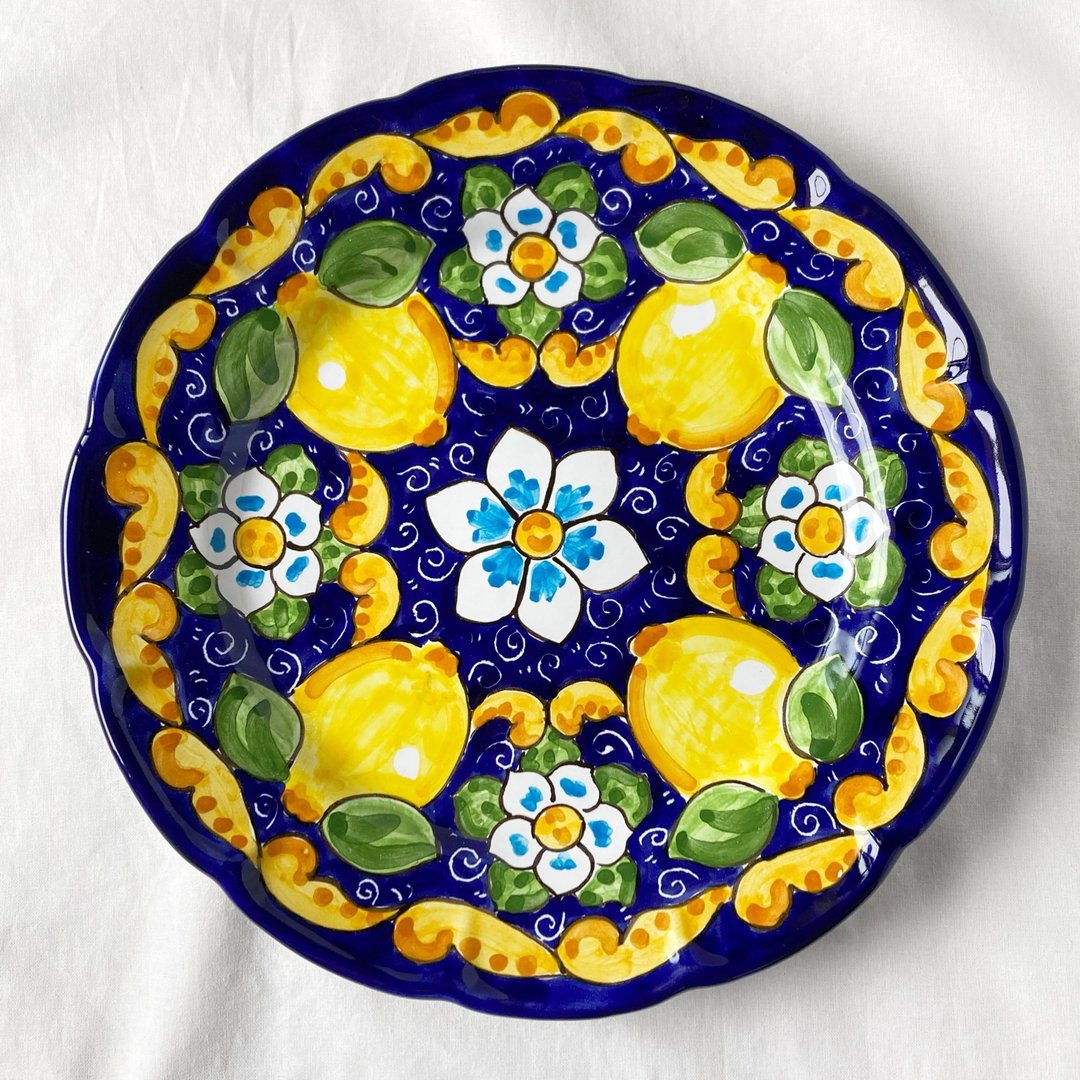 图片盘 26 厘米 Majolica 意大利陶器 柠檬图案 钴蓝 - 盘子/餐盘/盘架 - 陶 蓝色