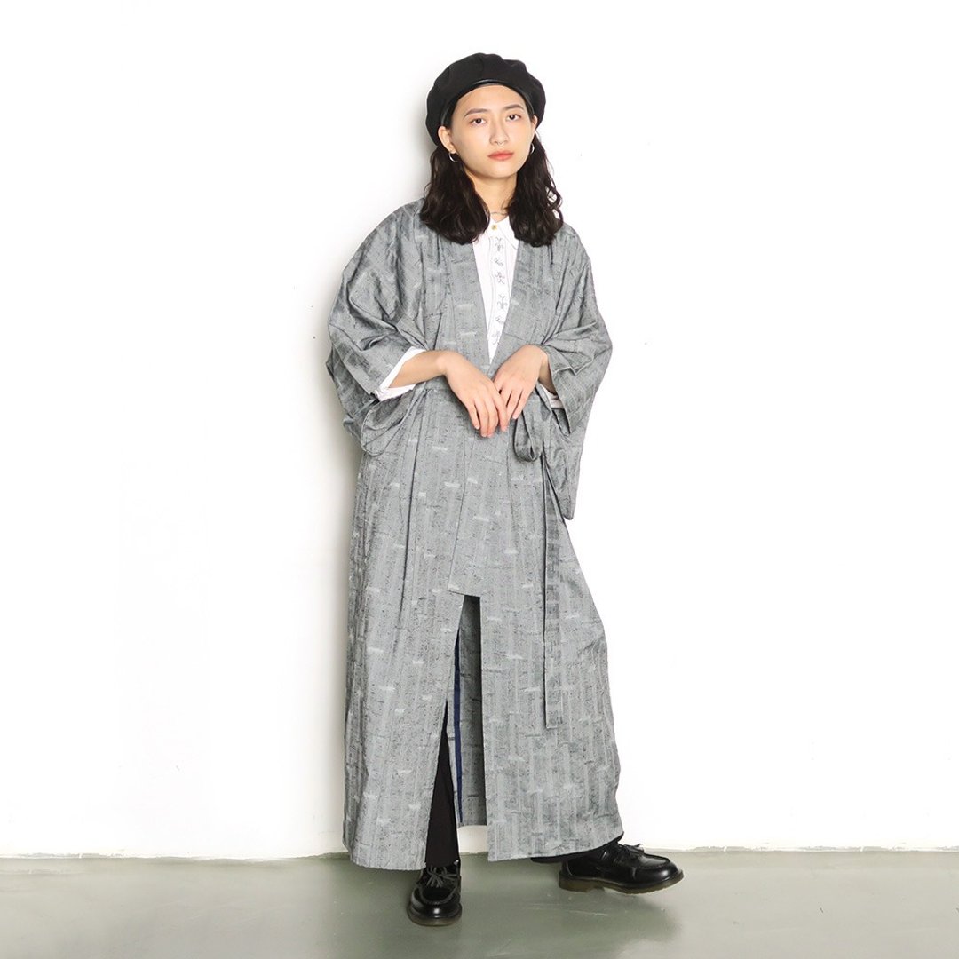 灰色江户小纹。日本长版古着和服外套 - 女装休闲/机能外套 - 棉 灰色