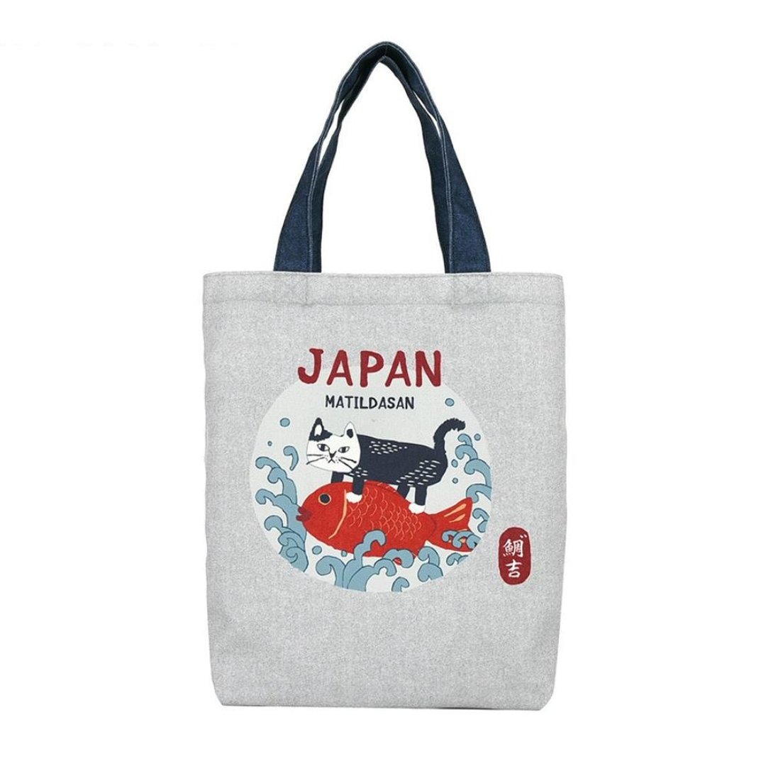 Kusuguru Japan 肩背包 日本限定和风图样A4帆布托特包鲷鱼款灰色 - 手提包/手提袋 - 聚酯纤维 灰色