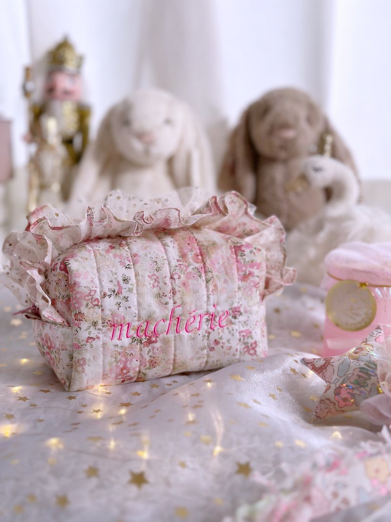 蓬蓬荷叶边收纳包 - 化妆包/杂物包 - 棉．麻 粉红色