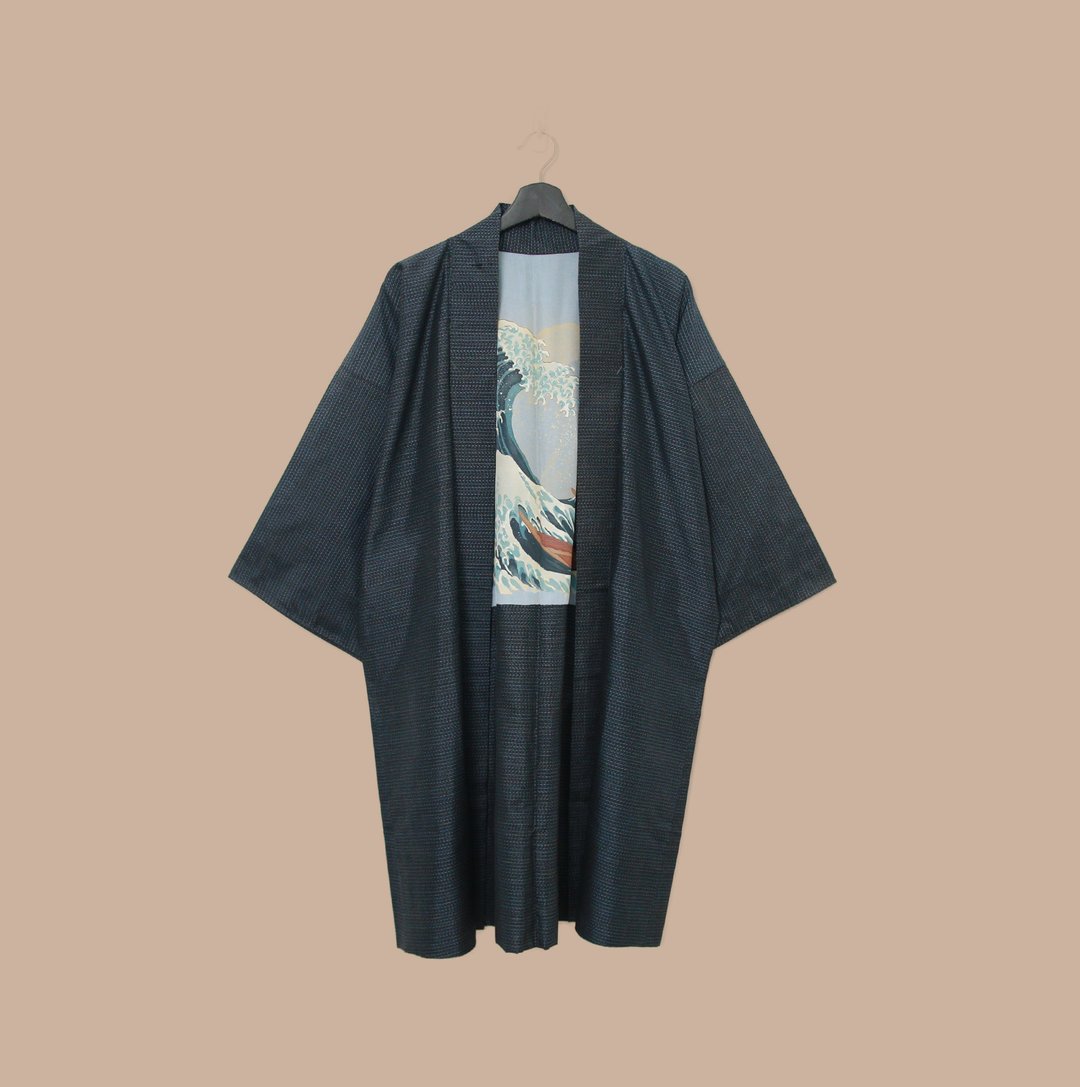 Back to Green-日本带回羽织 海波潮汐 M-32/vintage kimono - 女装休闲/机能外套 - 丝．绢 