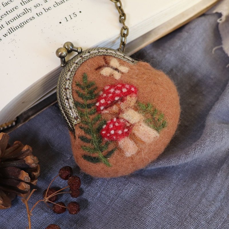 【羊毛毡】迷你口金包-小蘑菇系列-大地浅咖色调 - 零钱包 - 羊毛 咖啡色