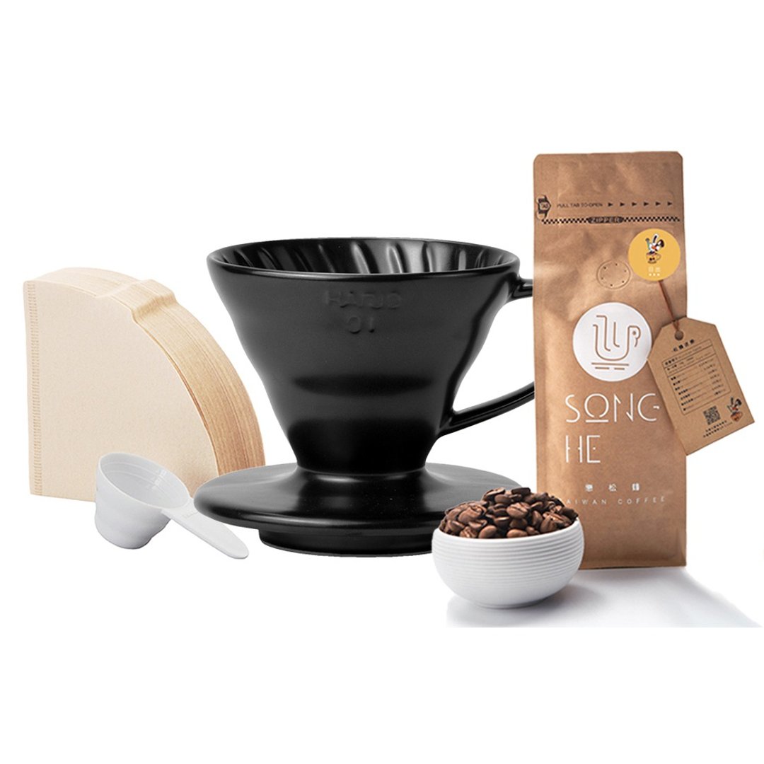 HARIO V60雾黑滤杯+台湾阿里山日出咖啡豆225g+滤纸组 - 咖啡壶/周边 - 陶 黑色