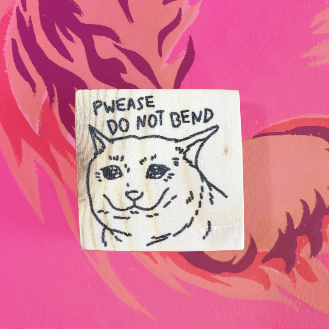 木柄印章 猫咪图案 Pwease do not bend 悲伤猫迷因 - 印章/印台 - 木头 