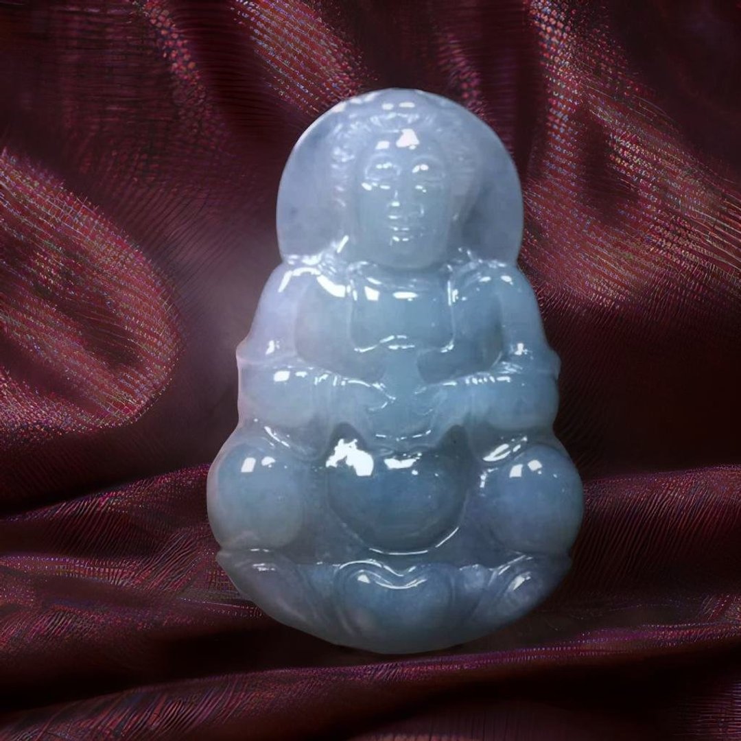 冰种翡翠精雕宝瓶观音菩萨 | 天然缅甸玉翡翠A货 | 送礼 - 吊饰 - 玉石 透明