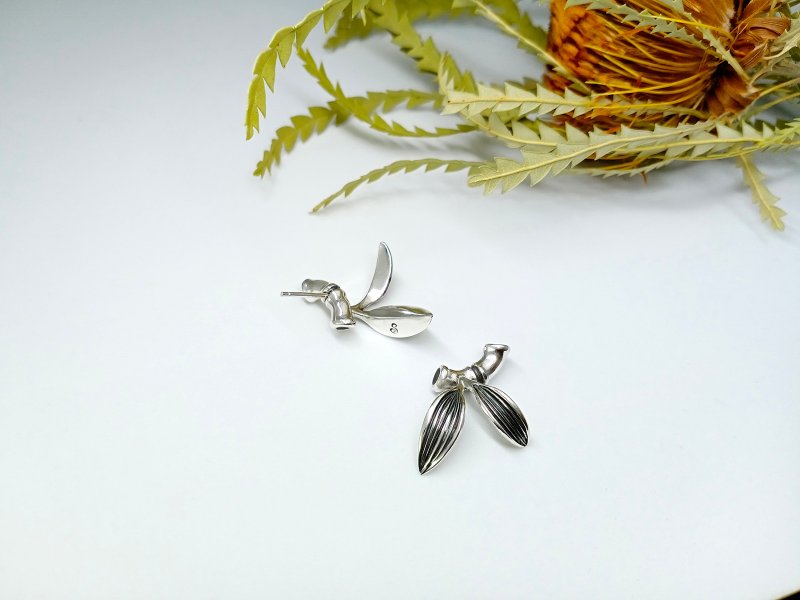蕴竹系列   竹与叶/耳针/耳环(染黑) - 耳环/耳夹 - 纯银 