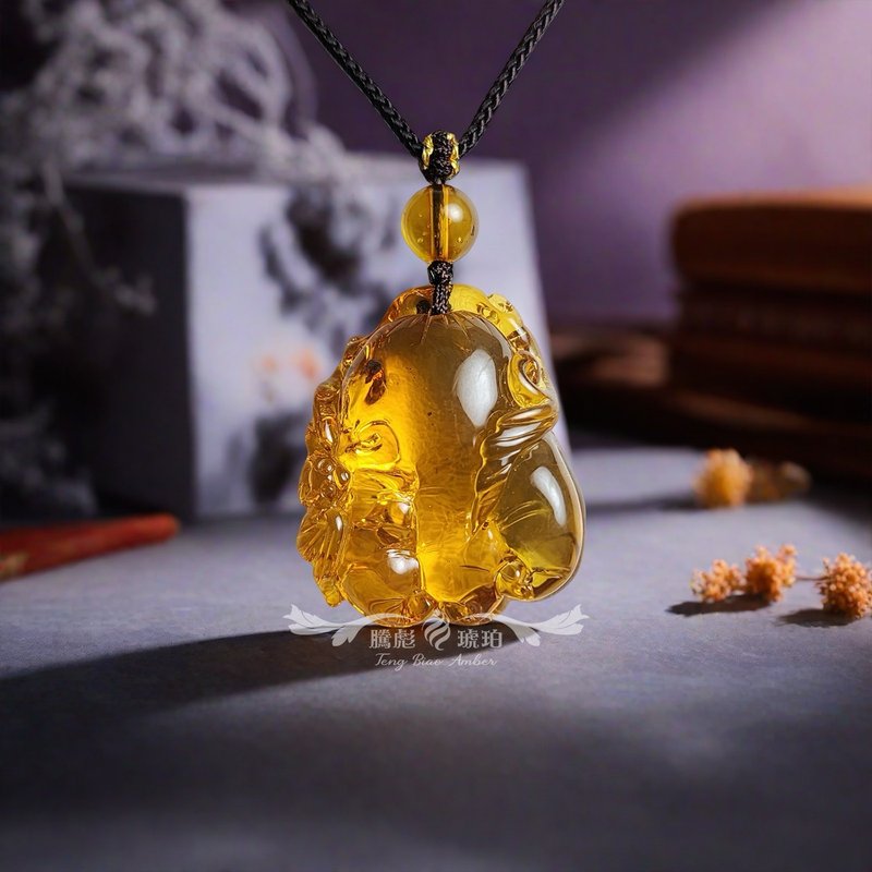 腾彪琥珀 天然琥珀蜜蜡 蓝绿琥珀 手到福来 精品伸缩 吊坠绳链 - 项链 - 半宝石 橘色