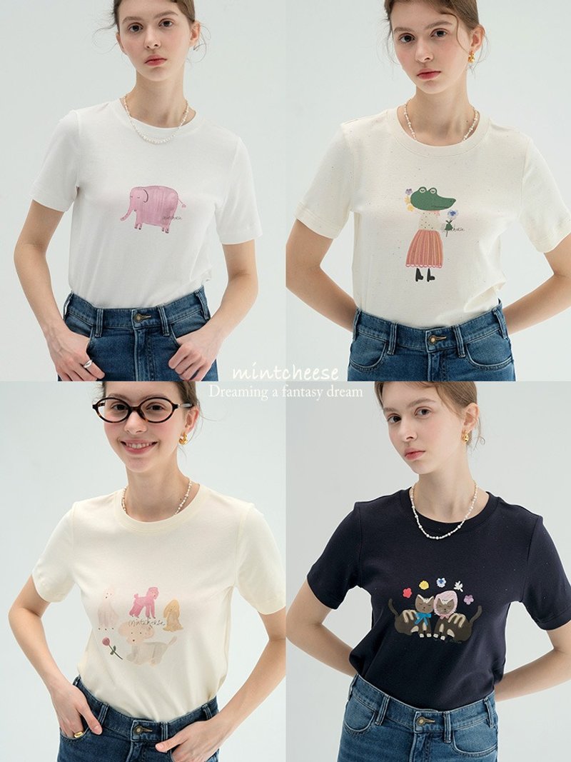 MintCheese 小动物系列 原创手绘水彩童趣印花正肩T恤 - 女装 T 恤 - 棉．麻 